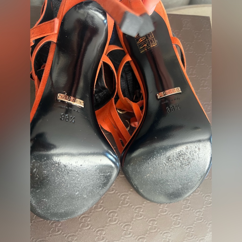 Gucci Orange Suede Fringe Stiletto Sandals - Picture 5 of 10